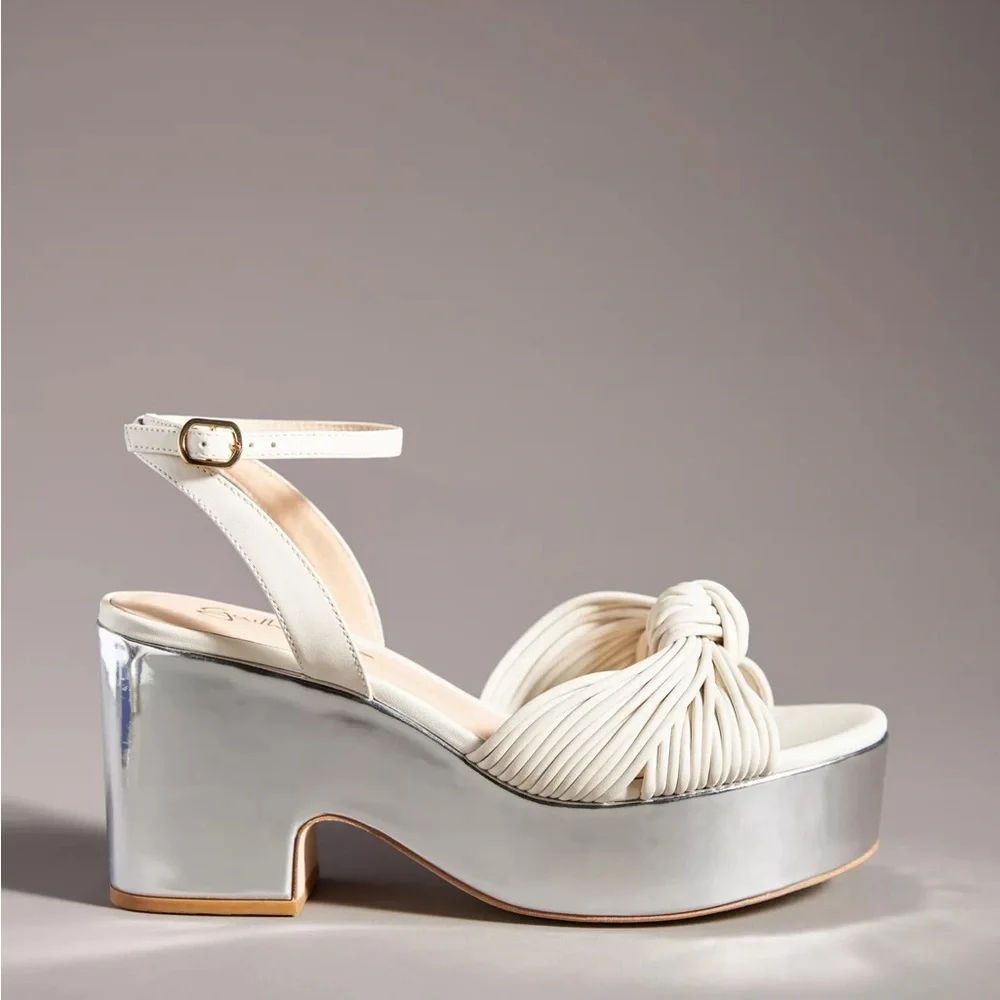 Anthropologie Guilhermina Knotted Platform Silver Mirror Heels Size 9